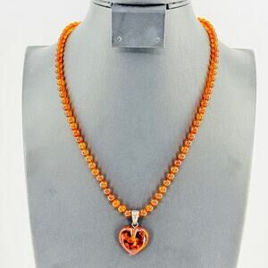 Heart Amber Pendant Beaded Chain Necklace 17"